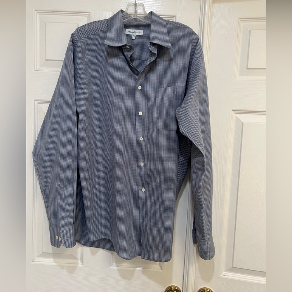 Yves Saint Laurent Men’s White Blue Dress Shirt Black Gingham Size‎ 16.5/Large
